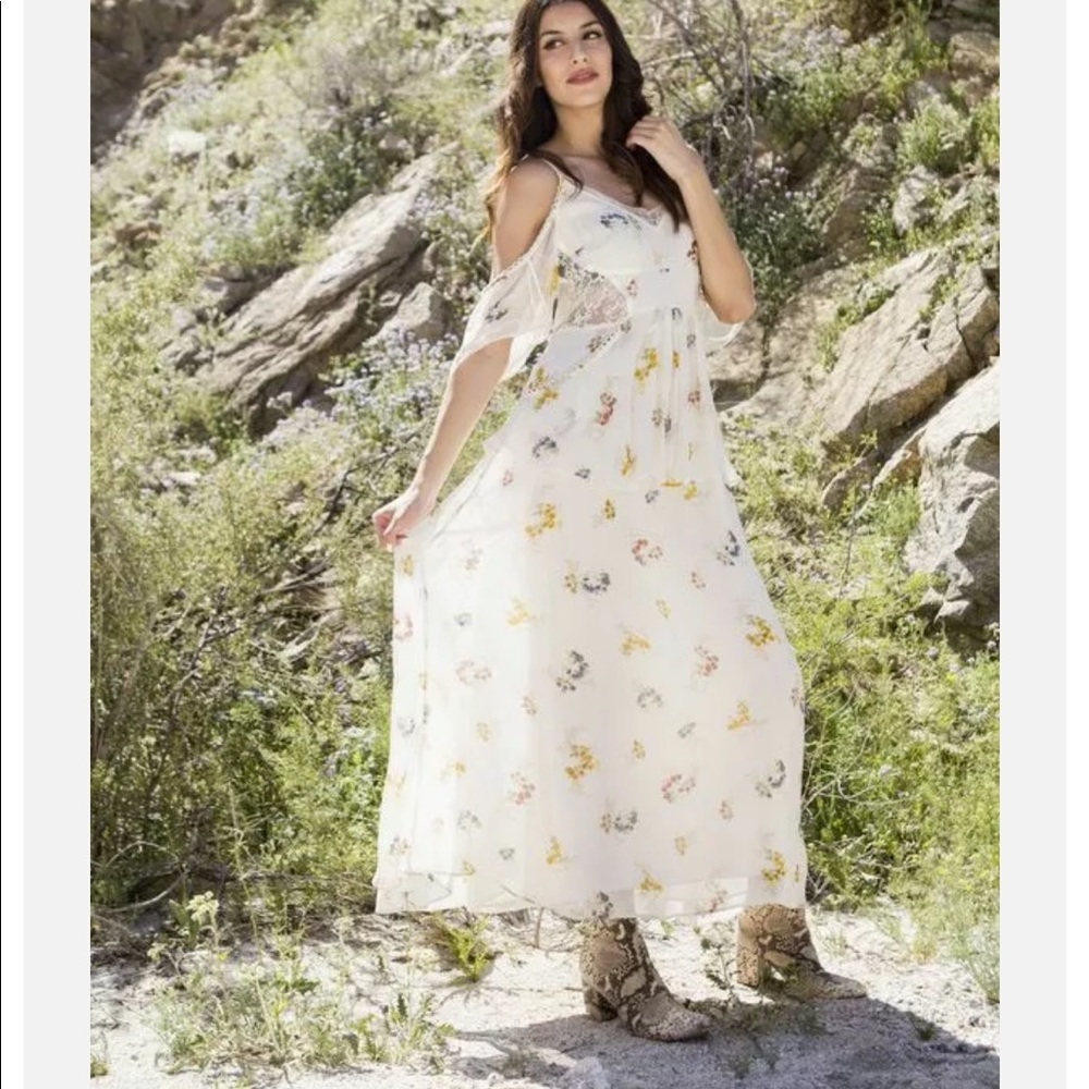 Free People Magnolia Printed Maxi Dress Cold Shoulder Ivory Beach